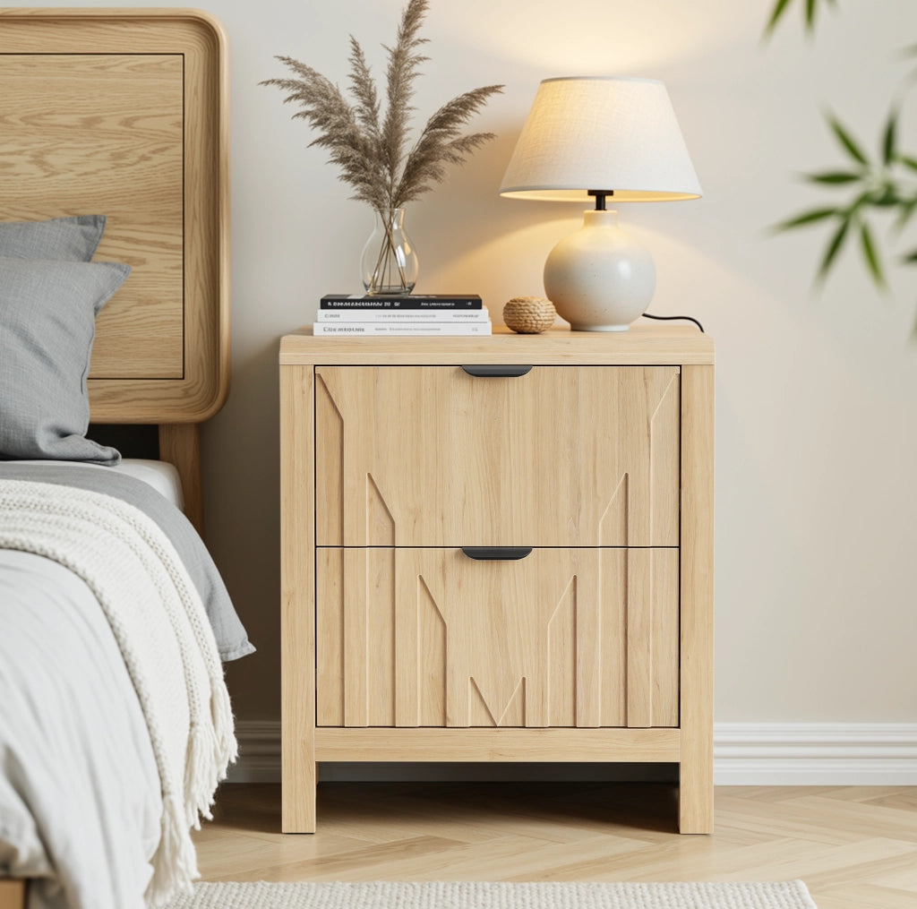 Comodino in MDF e pannello truciolare effetto rovere con cassetto e superficie d'appoggio