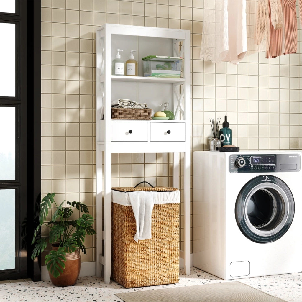Organizzatore da bagno indipendente alto 165 cm con ripiani aperti, Mensola sopra il WC per lavanderia Bianco