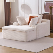Divano da pavimento ULEVR beige in velluto a coste con chaise longue, portabicchieri, 3 cuscini e cuscino coperta 2 in 1