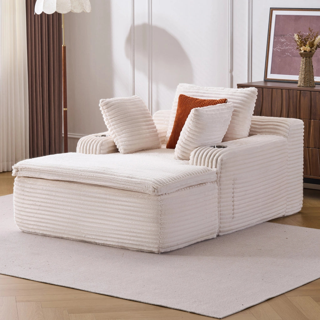Divano da pavimento ULEVR beige in velluto a coste con chaise longue, portabicchieri, 3 cuscini e cuscino coperta 2 in 1