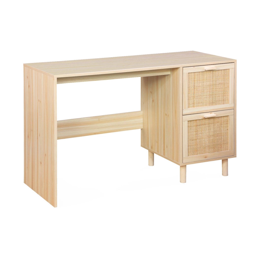 Scrivania in canna e legno 2 cassetti, marrone naturale