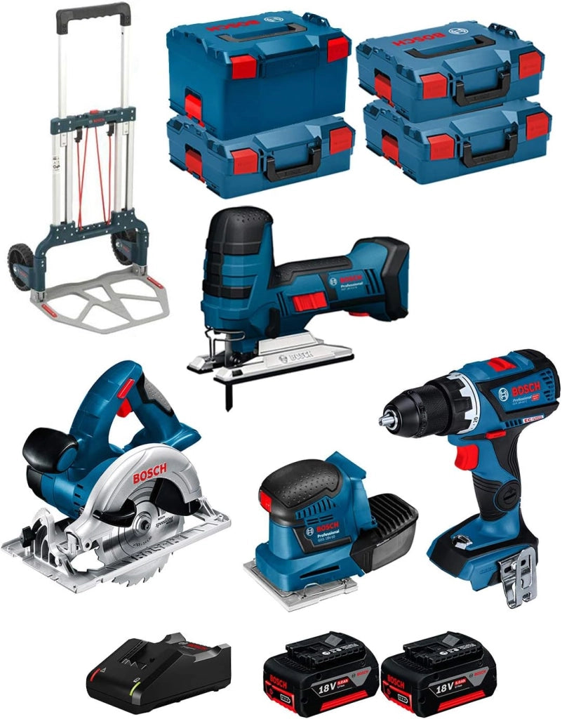 BOSCH Kit 18V BK404 (GST 18 V-LI S + GKS 18 V-LI + GSS 18V-10 + GSR 18V-60 C + 2 Batteries di 5,0Ah + Caricabatterie + 3 x L-Boxx 136 + L-Boxx 238 + Caddy)