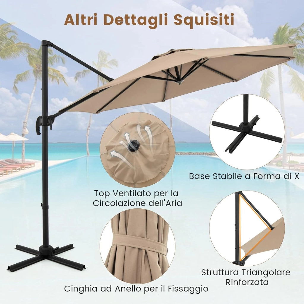 Ombrellone a Cantilever da Giardino 294 cm, Rotazione 360° e 5 Angoli Regolabili, 8 Stecche Base a Croce, Impermeabile, per Cortile Piscina Esterno (Beige)