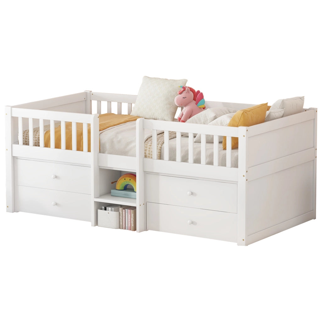 OKWISH Letto a Mezz’altezza 90×200 cm, Letto Singolo con 4 Cassetti, Spondine di Sicurezza e Scala, senza Materasso, in Pino, Bianco