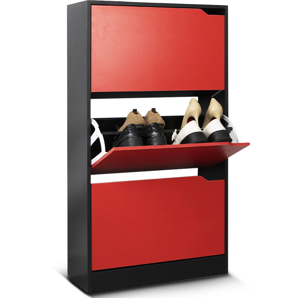 Scarpiera 3 Ante Ripiani Doppia Profondità Porta Scarpe Rosso e Nero 63x24x115cm