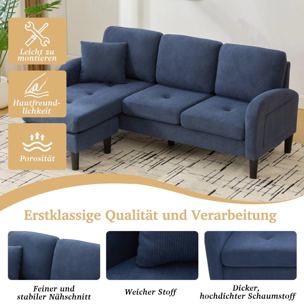 DIVANO angolare modulare 166x118x77 cm in cord Blu con chaise longue