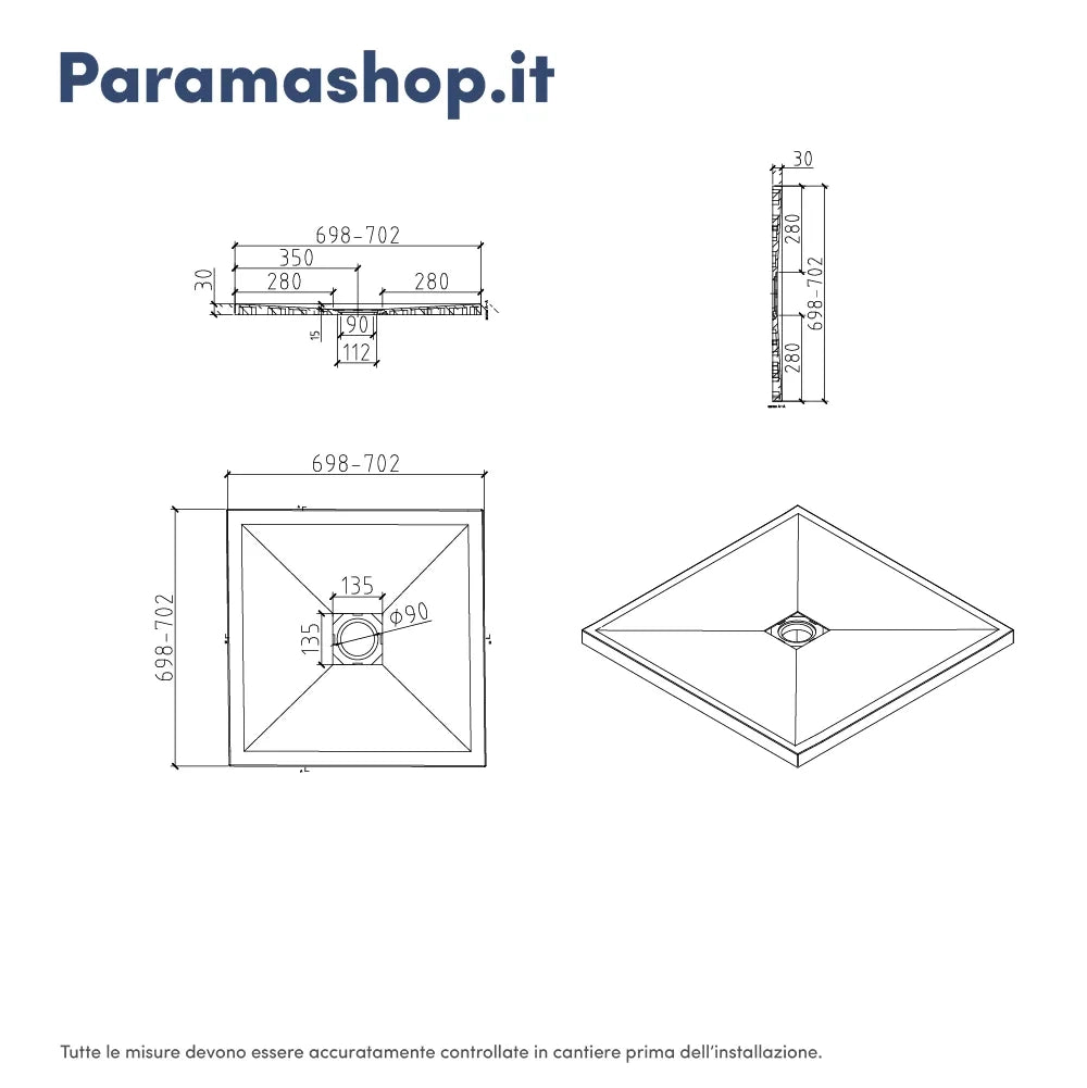 Piatto doccia quadrato 70x70 cm in marmoresina bianco effetto pietra h3 cm | Milos