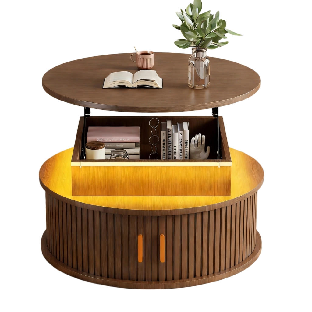 Tavolino da caffè rotondo 75 cm regolabile in altezza con LED e vano contenitore; colore noce