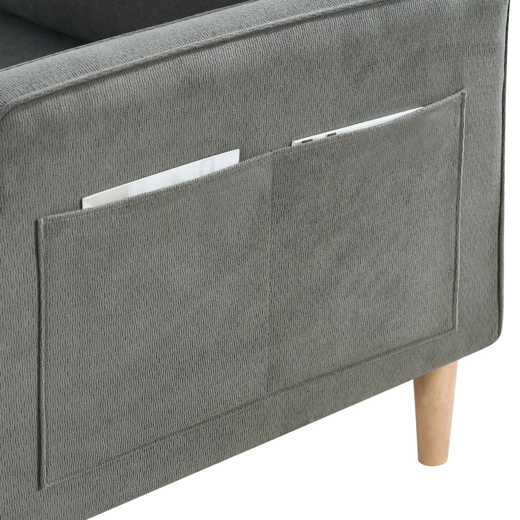 Divano a due posti con porta USB e braccioli sagomati, in tessuto e legno grigio scuro 135 × 72 × 85 cm