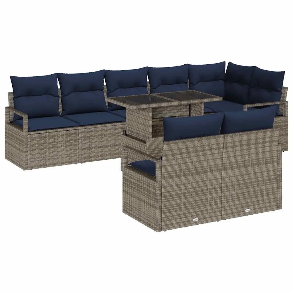 Set Divano da Giardino 9 pcs Grigio e Blu Navy polyrattan