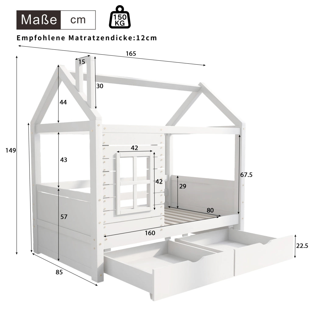 Letto per bambini 80x160 cm; casetta con finestre e cassetti; legno; bianco (Senza materasso)