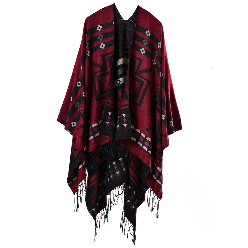 Sciarpa/stola lunga e spessa in cashmere con motivo a nappe incrociate, popolare in Europa e America.
