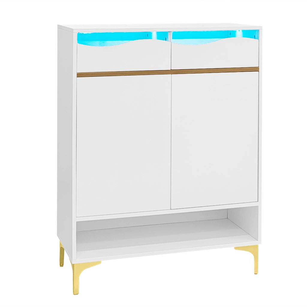 Scarpiera con 2 cassetti e 2 ante LED 16 colori ripiani regolabili in MDF bianca 80 × 35 × 105 cm
