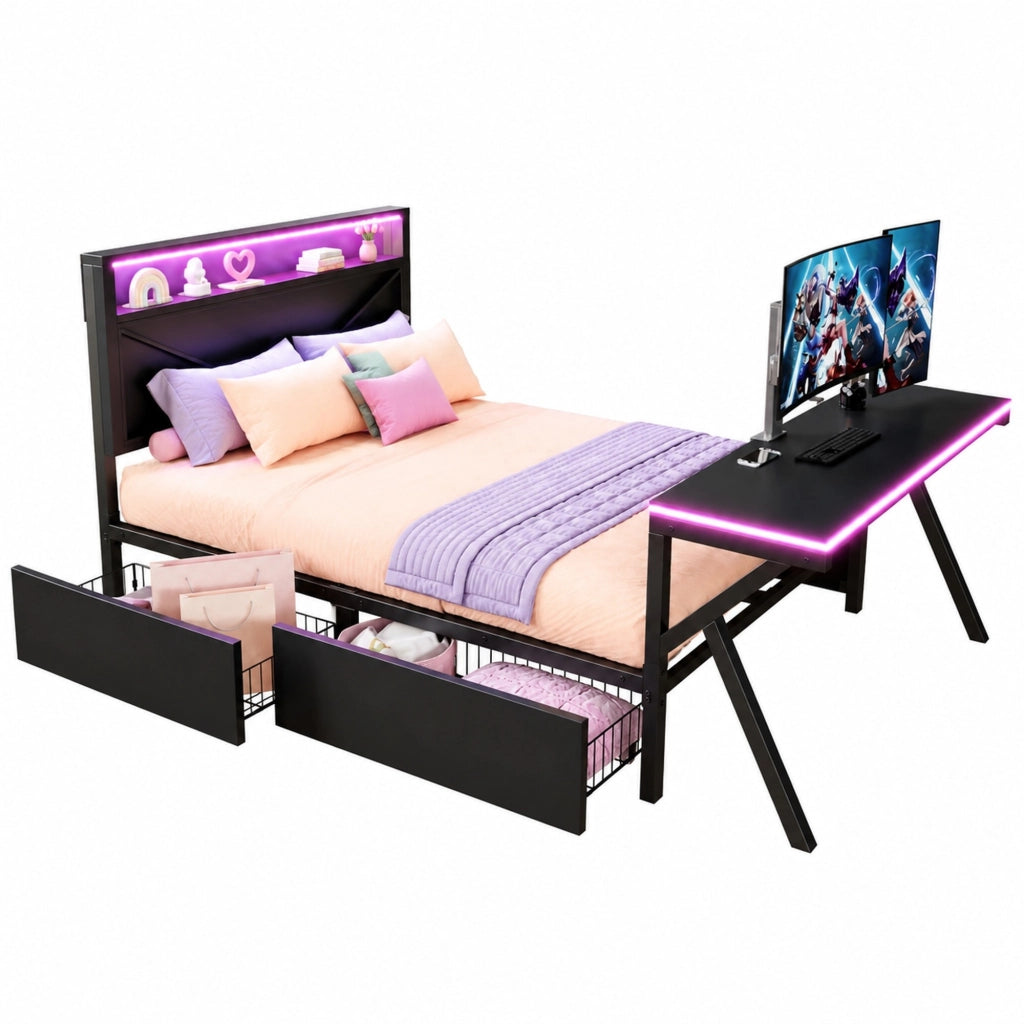 Letto piattaforma gaming con testiera LED e scrivania LED; 140x200 cm; nero
