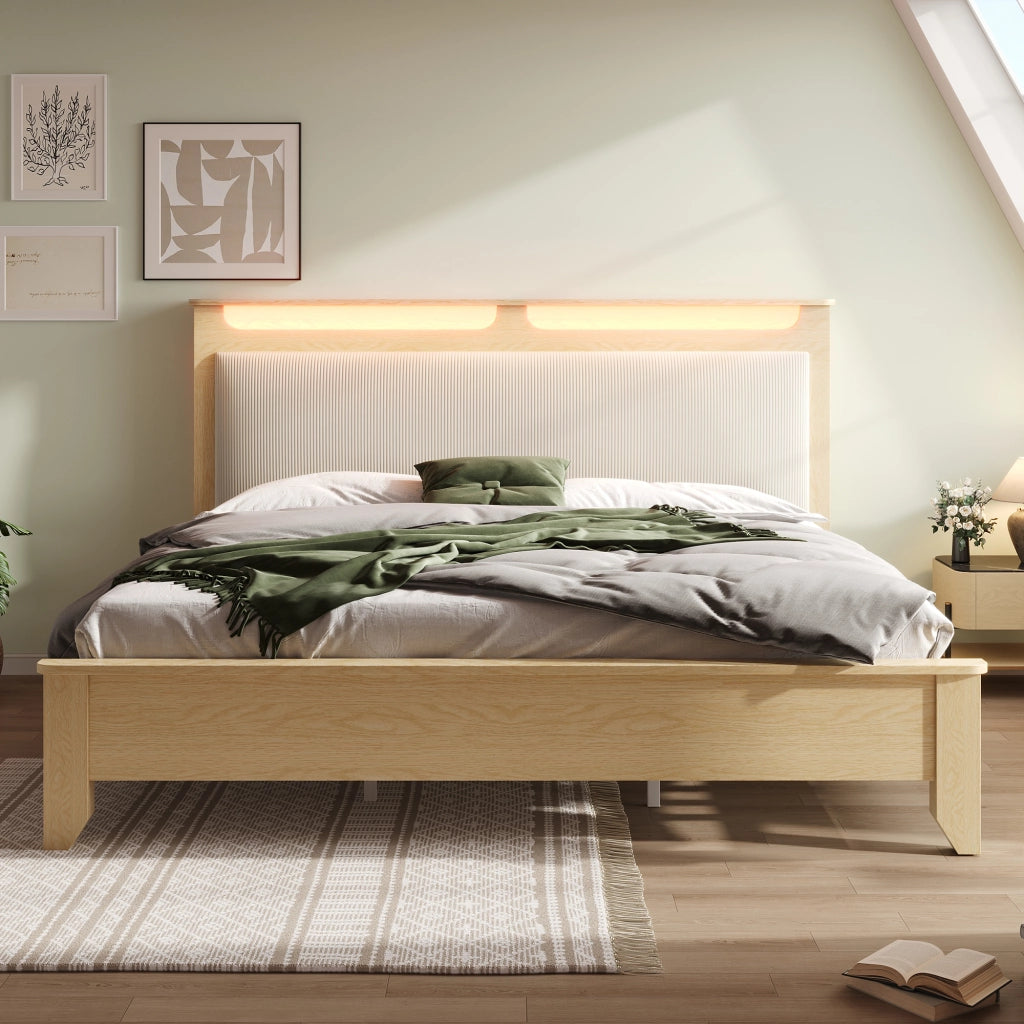LETTO matrimoniale 160x200 cm con testiera contenitore LED rovere chiaro e beige