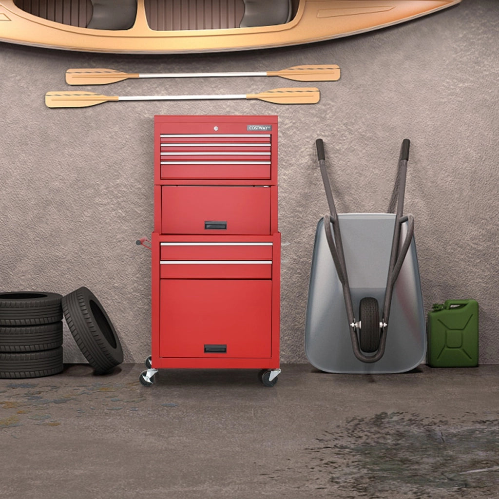 Armadio per attrezzi con serratura manico 6 cassetti portata 90kg, Carrello porta attrezzi per garage Rosso-Deposito utensili Tool