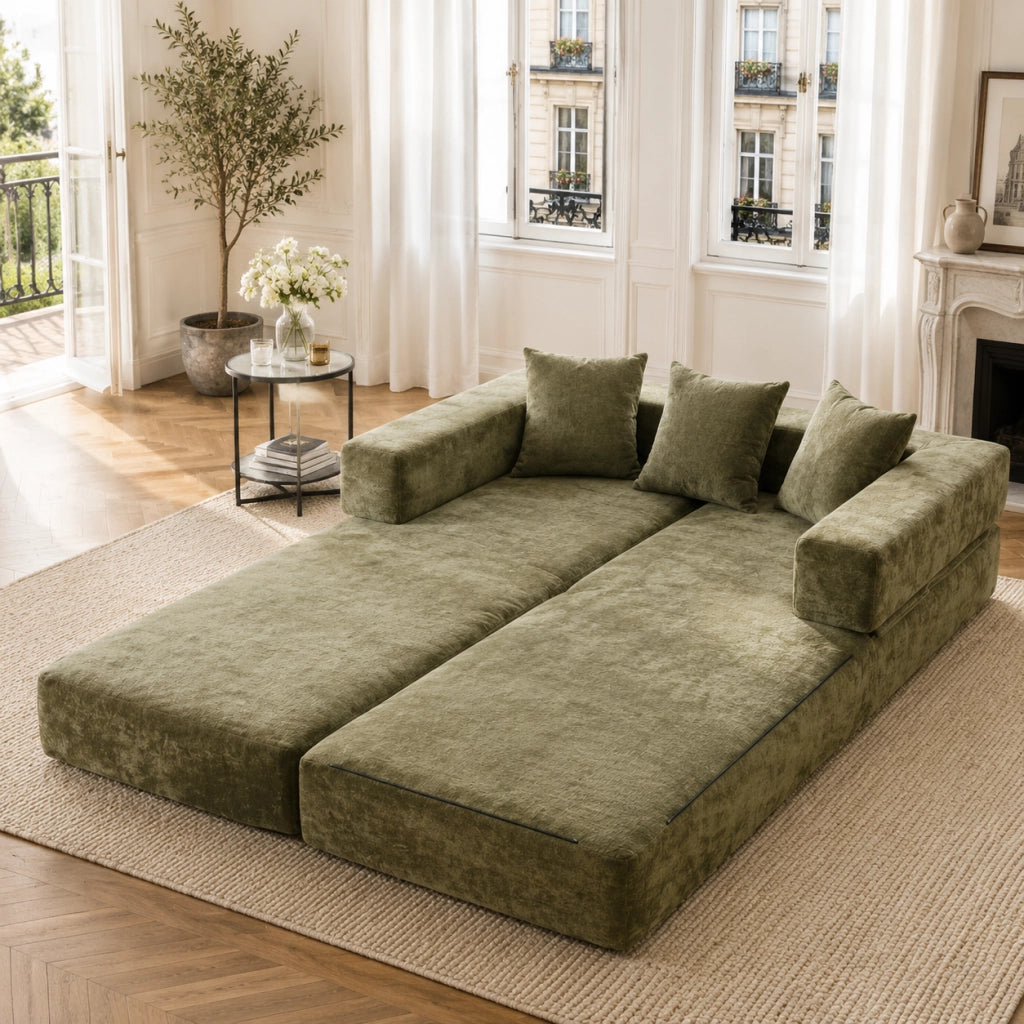 Divano modulare in ciniglia verde con tasche laterali e base antiscivolo 198 × 79 × 60 cm