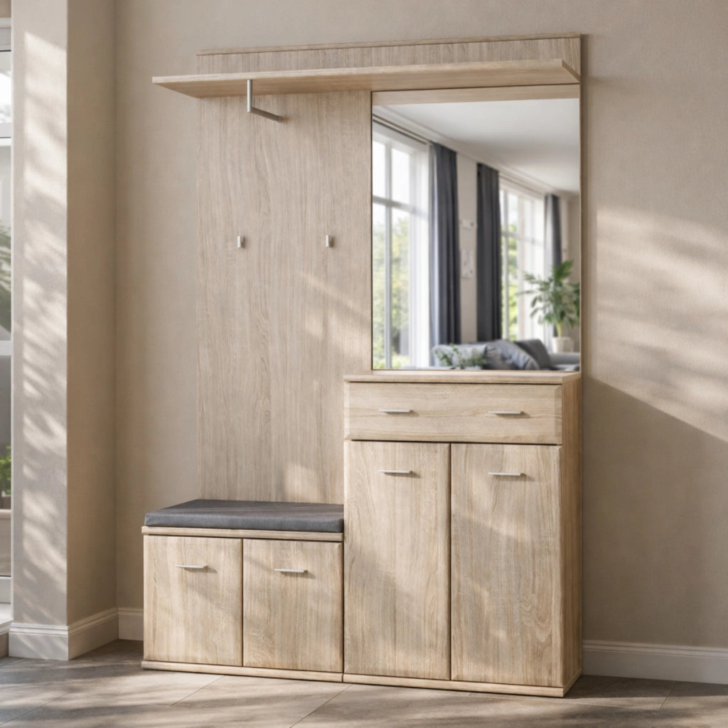 Set Ingresso Con Panca Portascarpe Appendiabiti Mobile Entrata Specchio Mobiletto Contenitore Multifunzione Salvaspazio Corridoio Casa Design Moderno 120 x 32 x 203 Cm Rovere