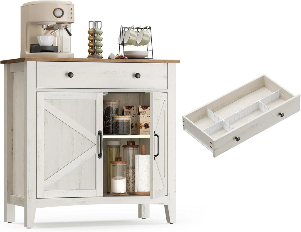 VASAGLE Credenza Cucina, Mobiletto con Cassetti, Mobile con Ante e Ripiani Regolabili in Altezza, Stile Farmhouse, per Soggiorno Sala da Pranzo, 40 x 140 x 80 cm, Bianco Rustico e Noce Medio BBK381W02