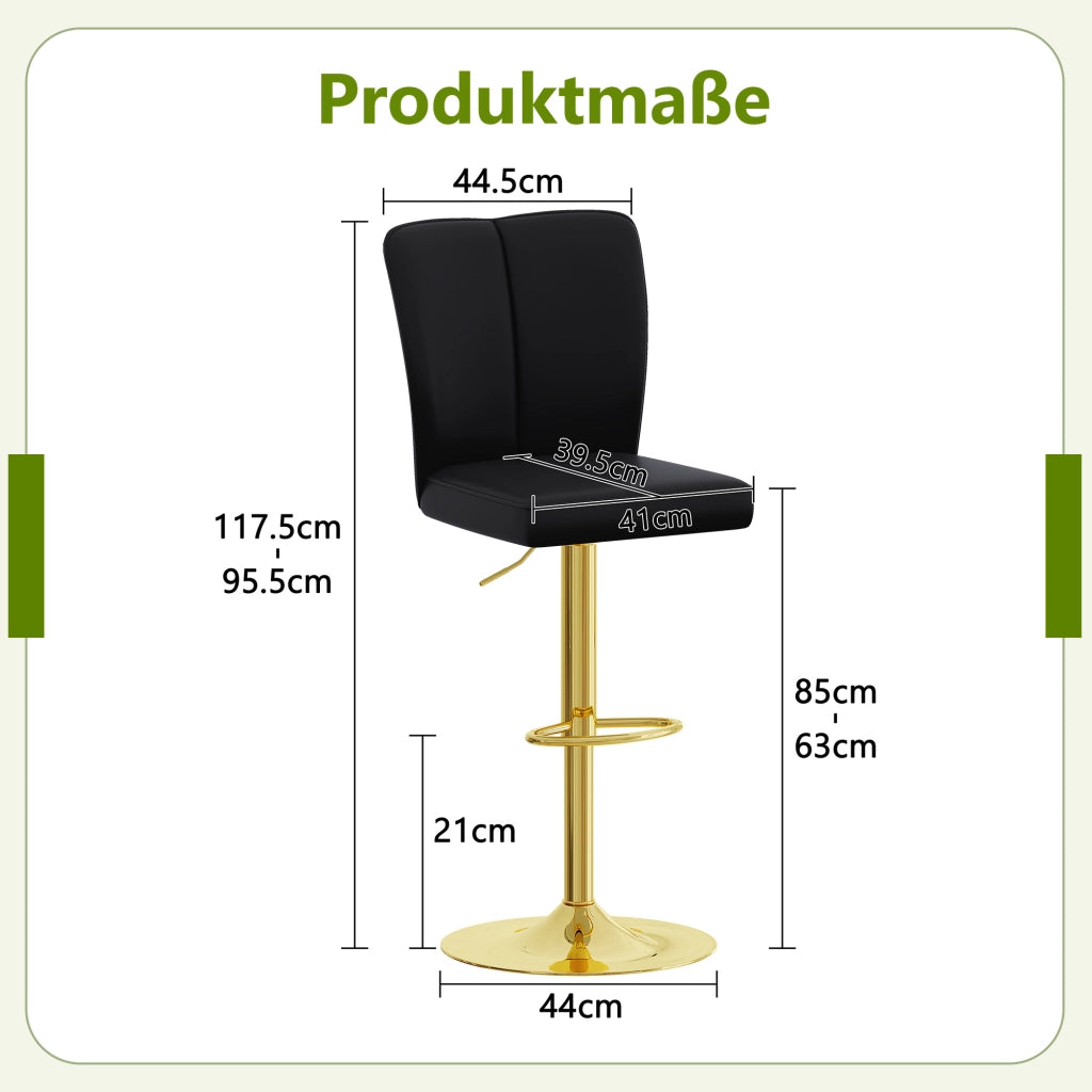 Sgabello da bar girevole a 360° con altezza regolabile e poggiapiedi, set da 2, in PU pelle e metallo nero oro
