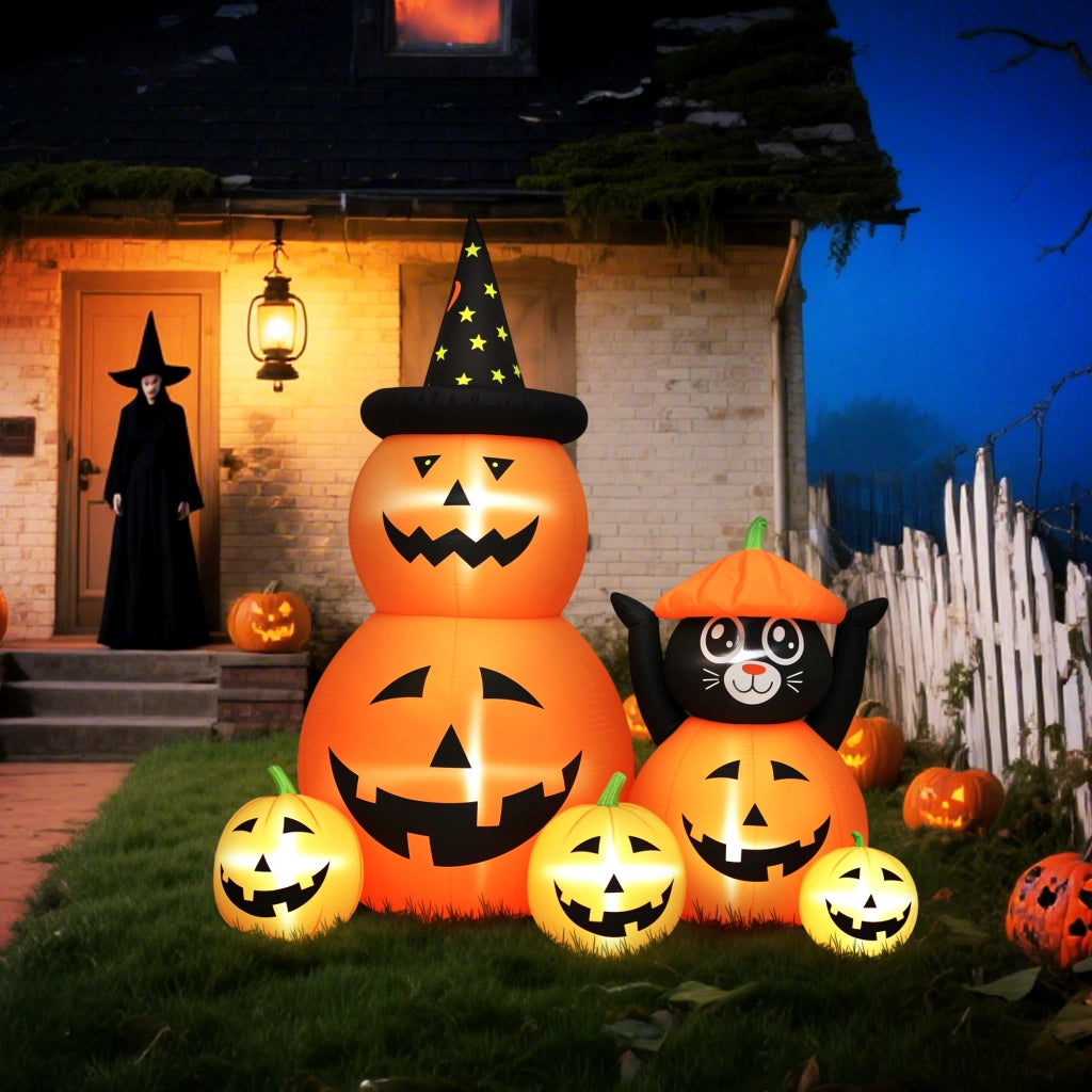 Calabaza Inflabile Halloween con Gatto e Luci LED IP44 ¨C zephmum ¨C Arancio 160x100x180 cm