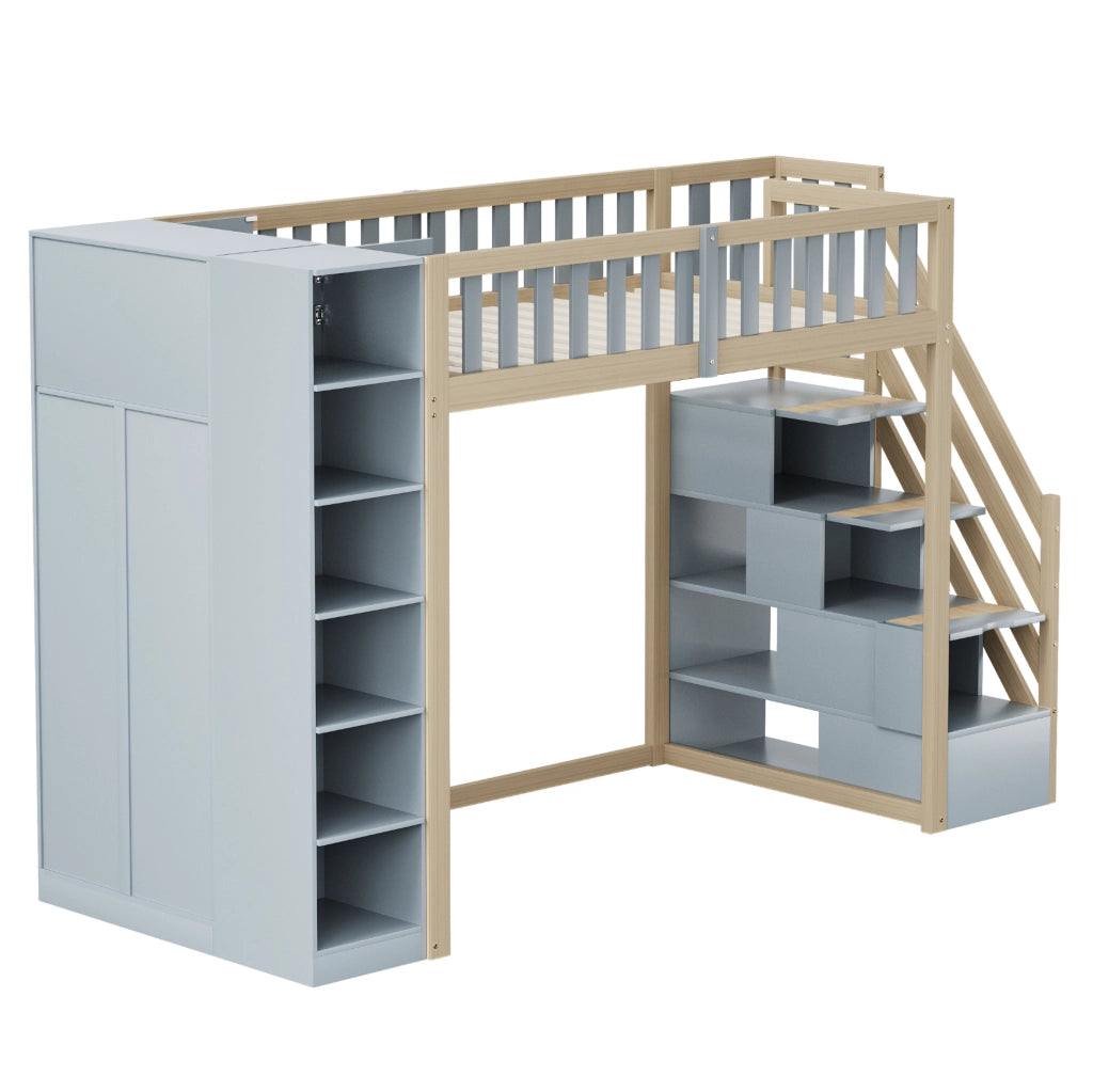 Letto a soppalco 90x200 cm in legno con armadio; scaffali e scala con vani; grigio e legno naturale