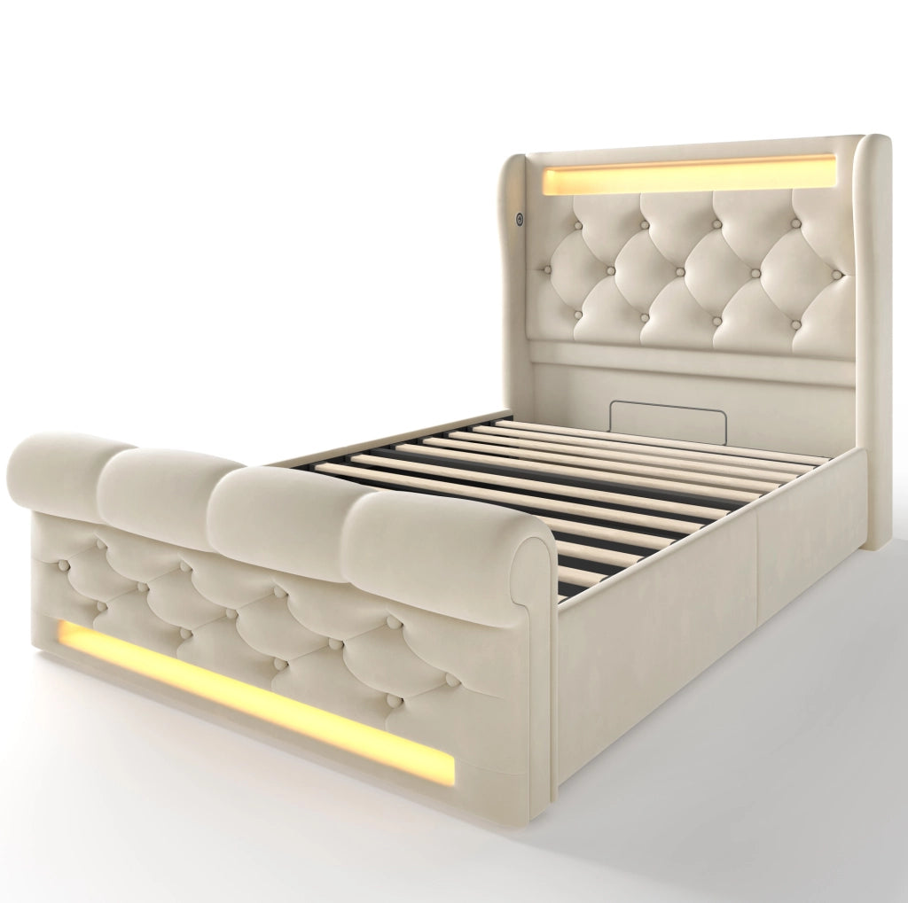 Letto imbottito 90x200 cm in velluto beige con LED; USB-C; contenitore idraulico e materasso