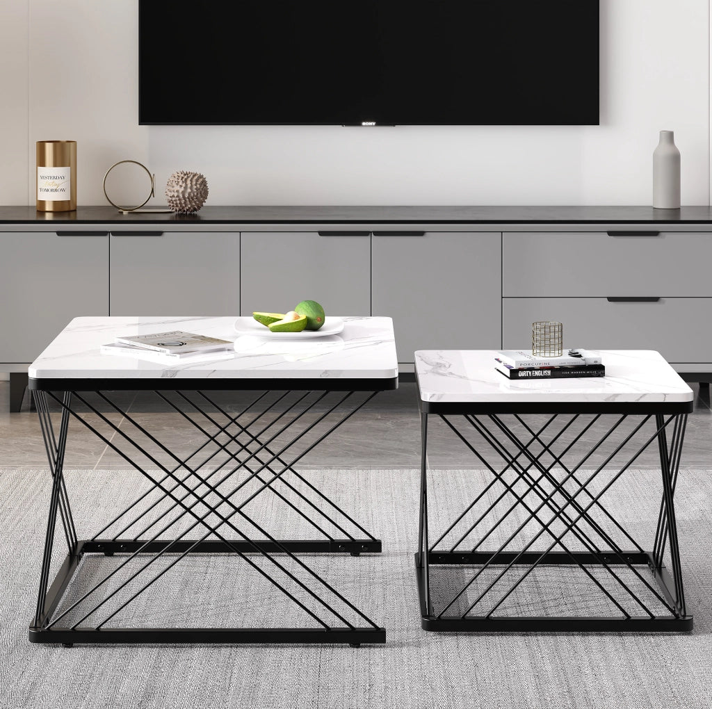 Set di 2 tavolini da caffè quadrati in MDF effetto marmo