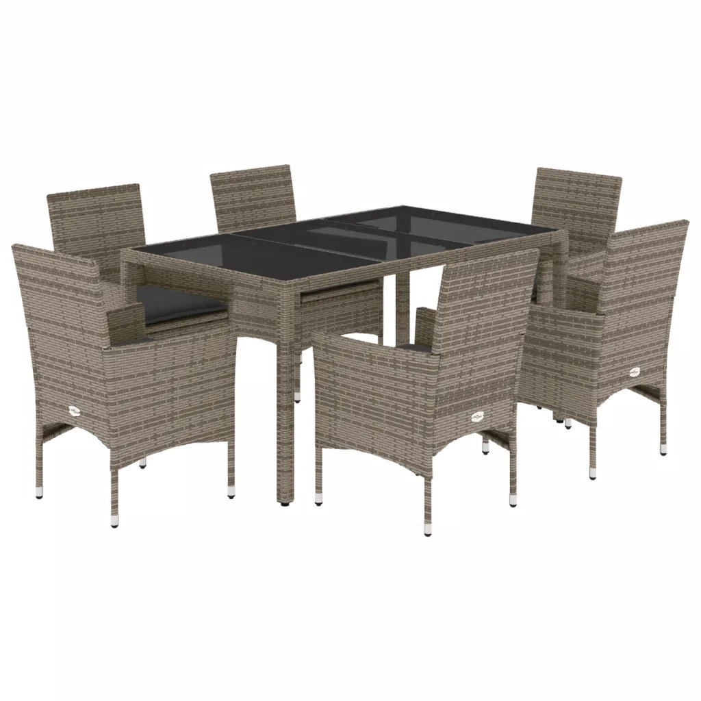 Set da Pranzo da Giardino 7 pz con Cuscini Polyrattan e Vetro