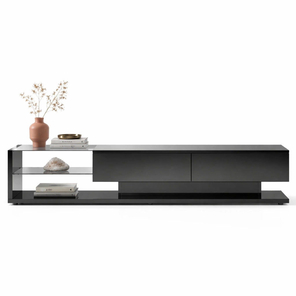 Mobile TV High Gloss Nero con 2 Cassetti; 2 Ripiani in Vetro e LED