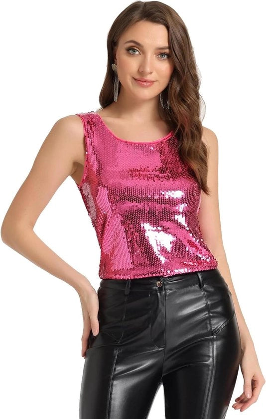 Tank top con decorazioni a paillet e collo a giro, senza maniche - Top da party con effetto luccichio brillante