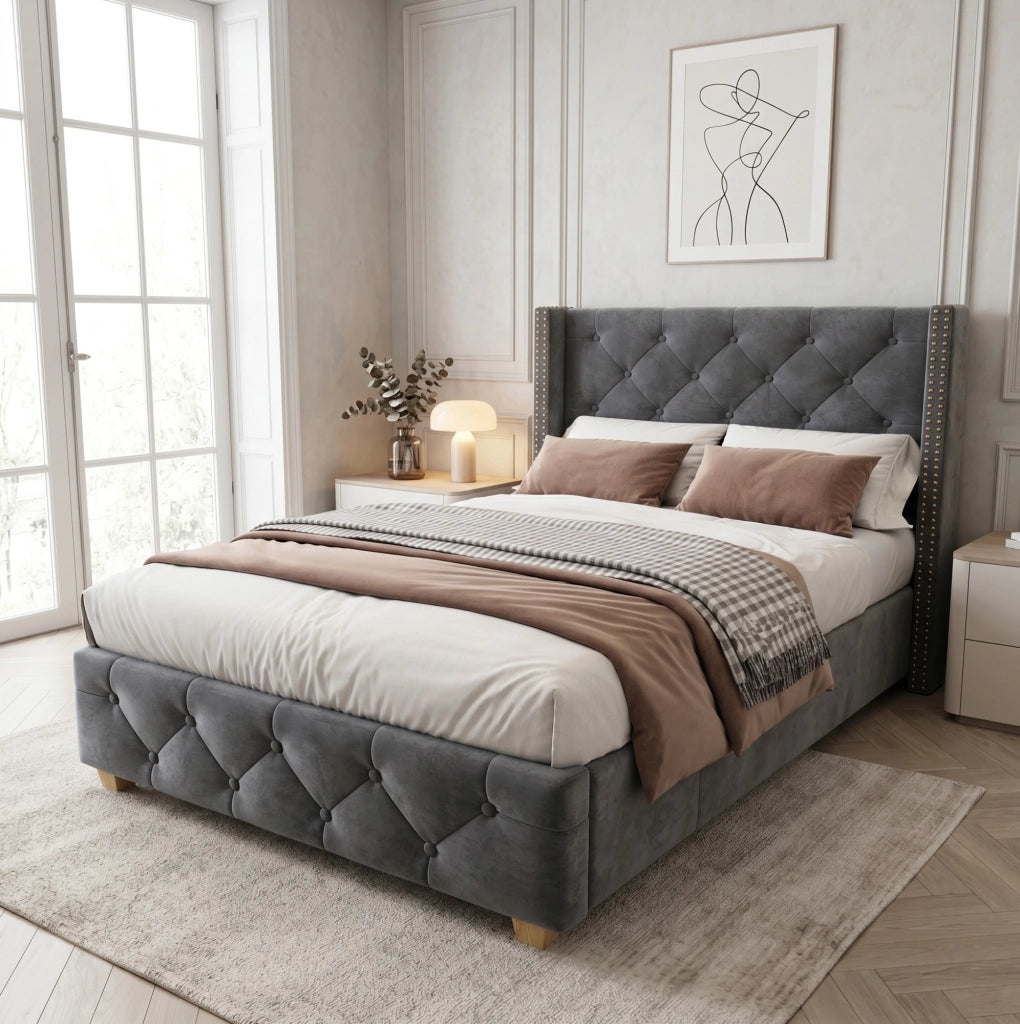 Letto imbottito 90x200 cm in velluto grigio con testiera e rete a doghe