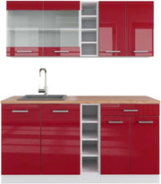 Cucina completa R-Line, Rosso lucido/bianco, 160 cm, PL Rovere, con disposizione flessibile dei moduli ed espandibile