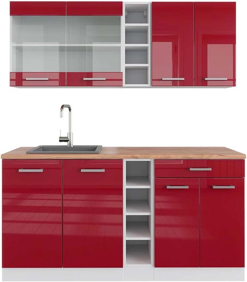 Cucina completa R-Line, Rosso lucido/bianco, 160 cm, PL Rovere, con disposizione flessibile dei moduli ed espandibile
