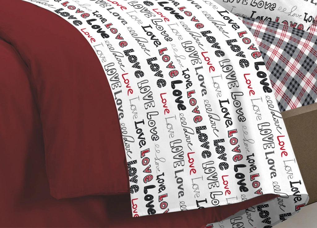 Completo Lenzuola Letto Linea Young 100% Cotone Disegno Love Love - Matrimoniale - Rosso