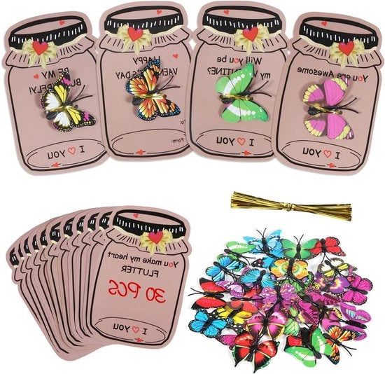 Carte di San Valentino con Leucissime Farfalle Amichevoli - Giocattoli e Decorazioni per Bambini - Carte di Scambio per San Valentino per la Scuola.