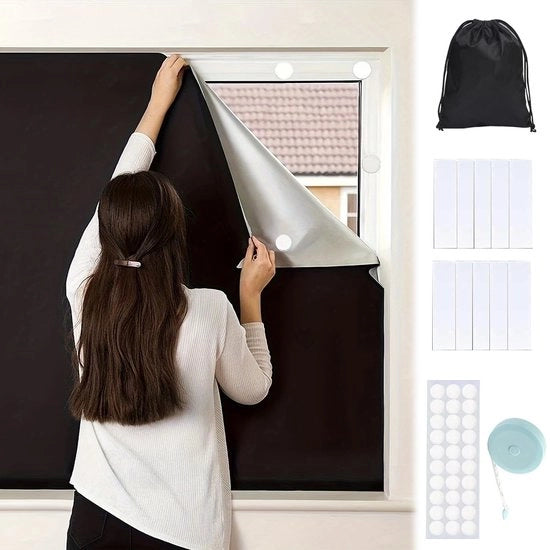 Foglia verdusterante, doppia finestra, oscuramento, chiusura solare, tenda oscurante senza perforazione, materiale oscurante portatile per viaggi, 145 x 150 cm, nero