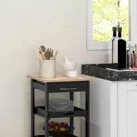 Carrello Di Servizio Da Cucina A Ruote Con 2 Ripiani Rimovibili, Cassetto, Scaffale Rovere Chiaro Legno Di Pino Nero