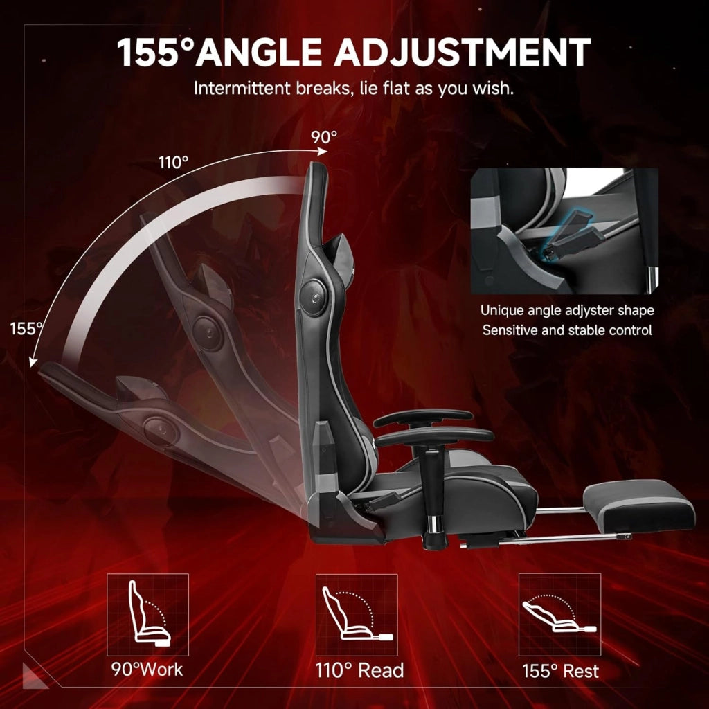 Sedia da gioco con poggiapiedi, altoparlante Bluetooth, sedia da gioco, ergonomica, sedia da ufficio, sedia da scrivania con barrières Réglables, 200 kg, grigio