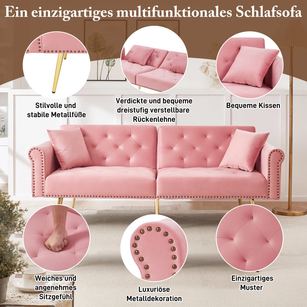 Divano letto 2 posti - con schienale regolabile e cuscini - in velluto rosa