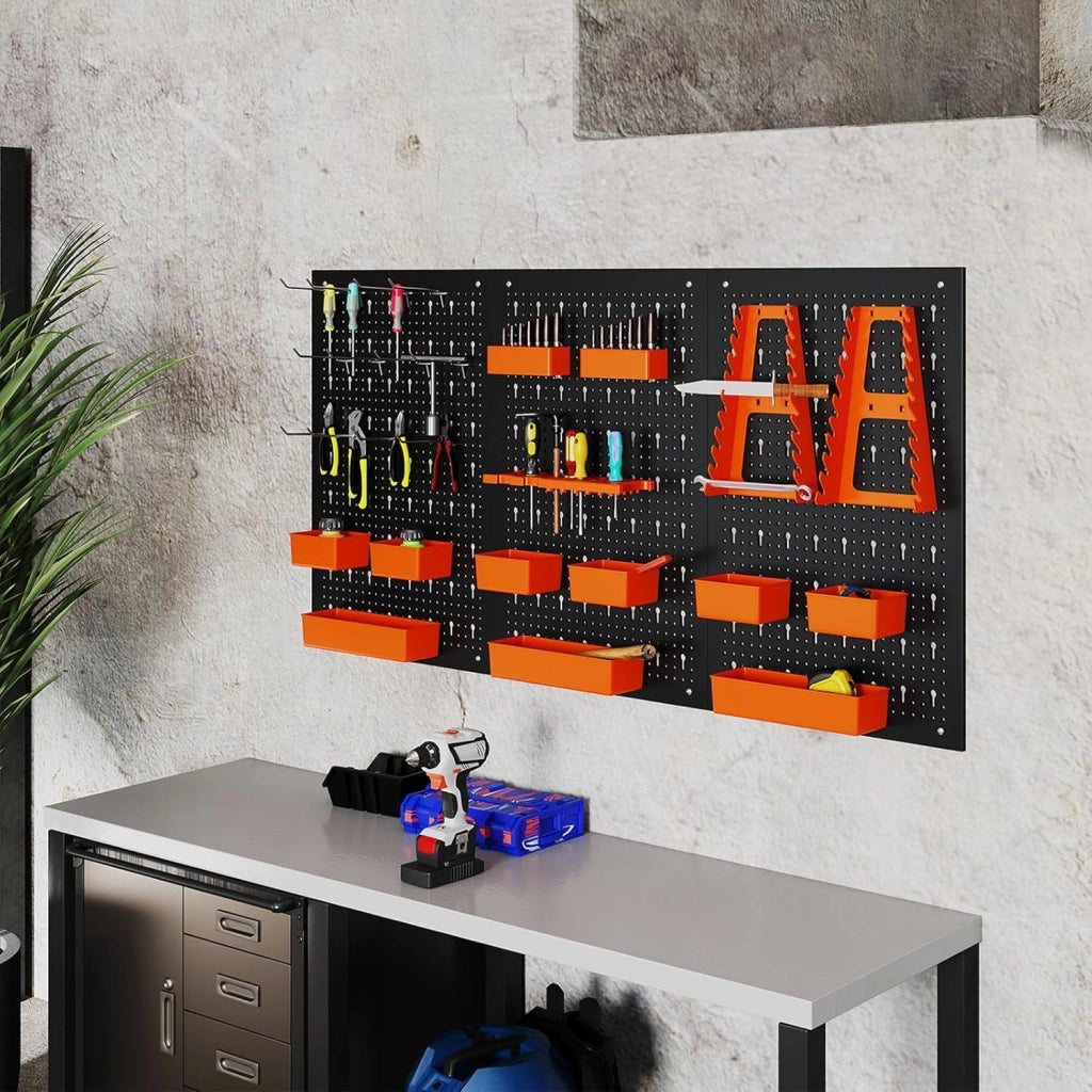 Pannello Porta Attrezzi da Parete 120 X 60 CM, 3 Pannelli Perforati in Metallo con kit di 29 Ganci, Stabile e Resistente, per Garage, Officina (Nero+Arancio, 120 X 60 X 2 CM)