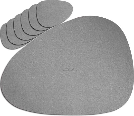Placemats imitazione pelle - lavabili e impermeabili - set da 6 - argento/grigio chiaro - pelle sintetica