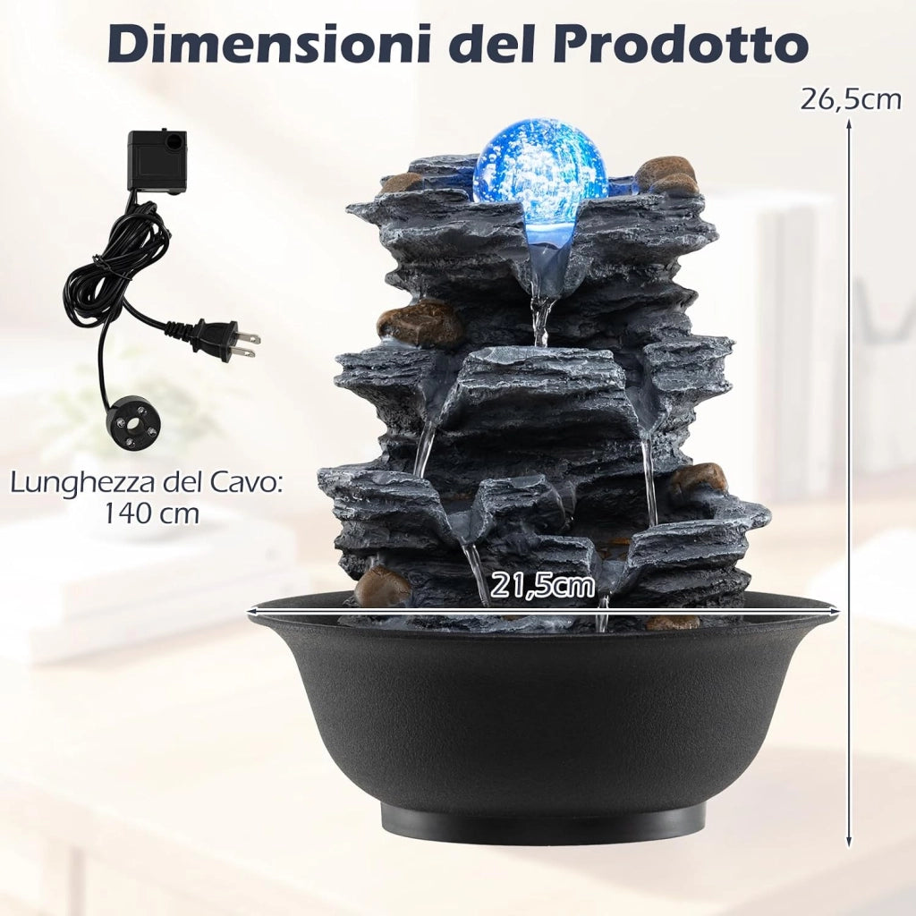 Fontana Zen da Interno, Fontana da Tavolo a Cascata con Luce LED, Pompa Silenziosa e Velocità dell'Acqua Regolabile, Fontanella Decorativa per Soggiorno, Ufficio e Camera da Letto (Modello 2)