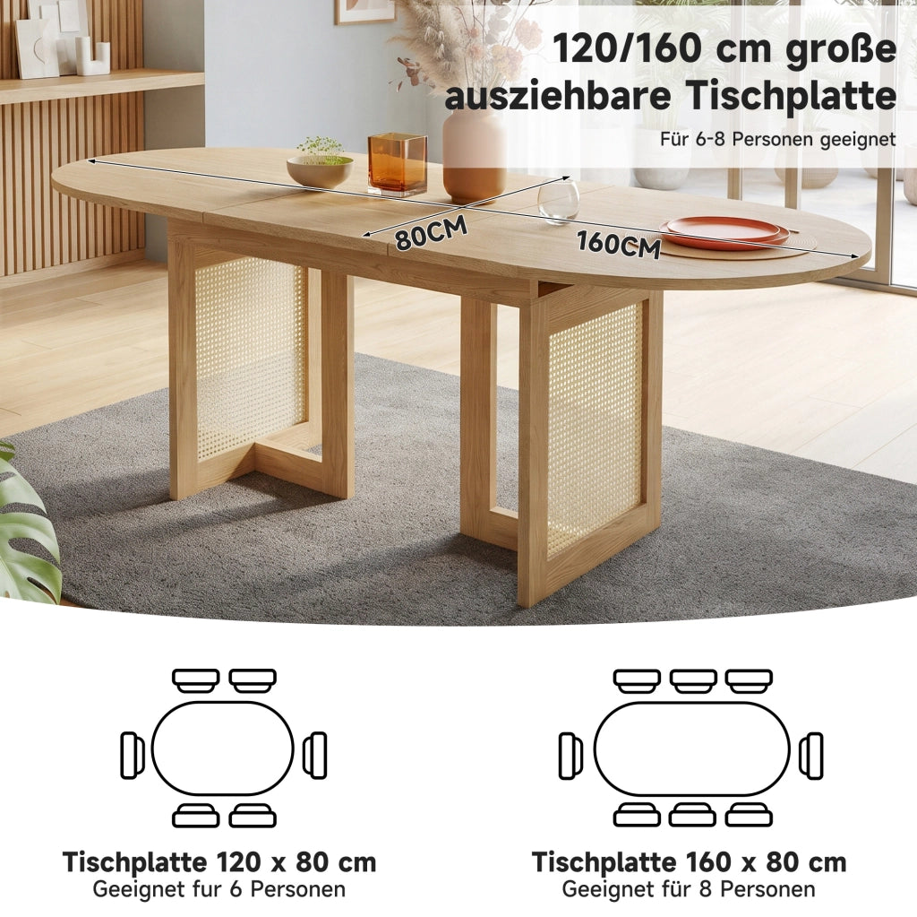 Tavolo da pranzo allungabile 120/160x80 cm; rovere; in MDF con gambe effetto rattan
