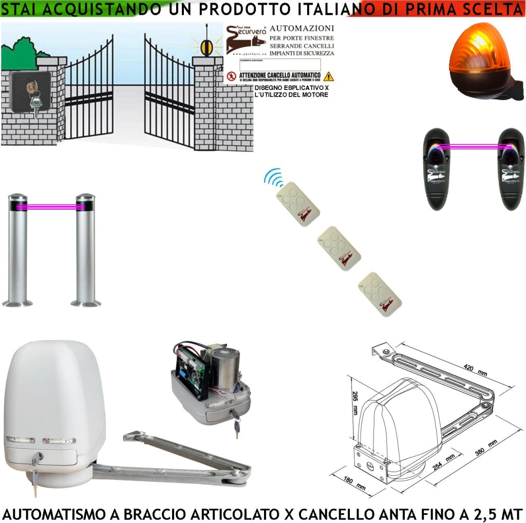 Cancello Automatico Kit Motore a Braccio Articolato 220/24 V Anta da 05, a 2,5 MT Centrale 3 Radiocomandi Faro Selettore 2 Paline 2 Fotocellule