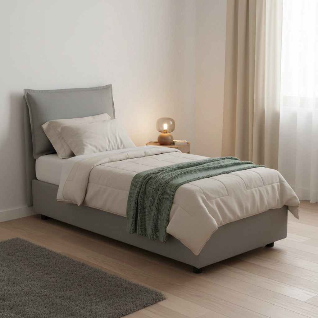 Letto singolo Aren, Letto contenitore con rivestimento in tessuto, Made in Italy, Apertura laterale, con materasso cm 80x190 incluso, Grigio