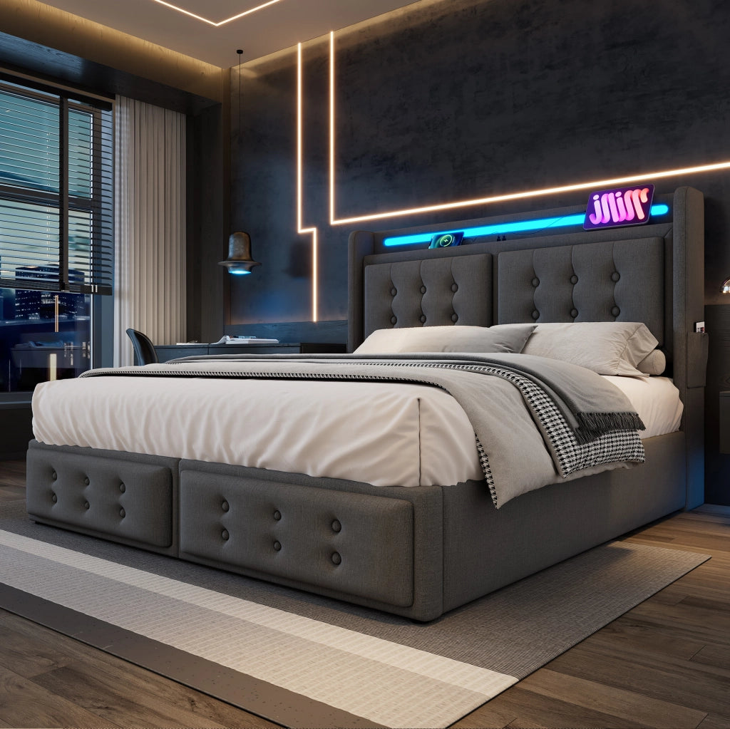 Letto matrimoniale imbottito 180x200 con LED, prese USB e contenitore