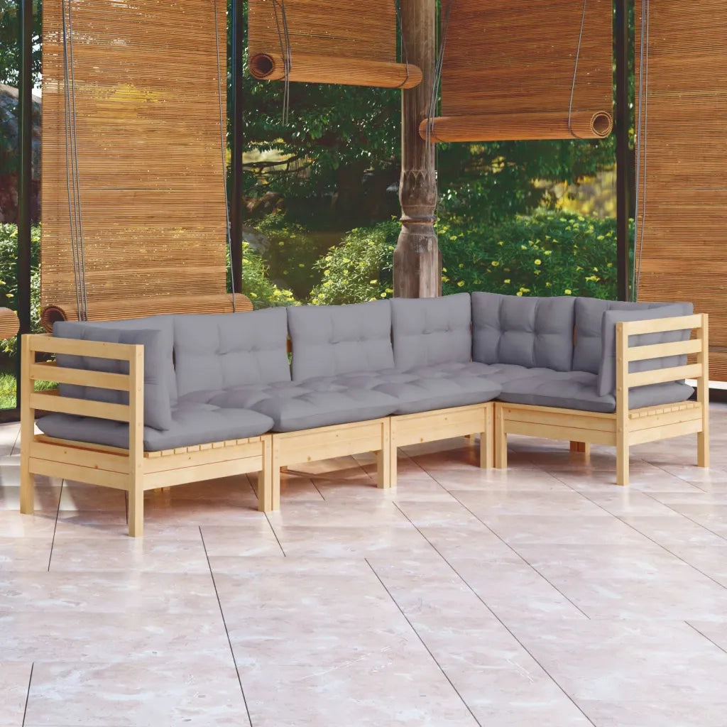 Set Divani da Giardino 5 pz con Cuscini Grigi Massello di Pino cod mxl 38690