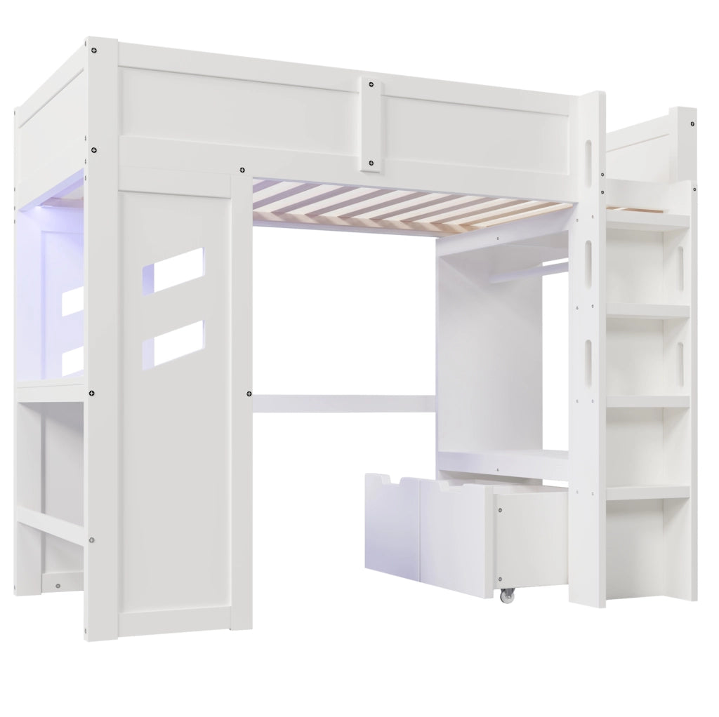 Letto a soppalco ULEVR 90x200 cm con scrivania, LED, USB e Type-C, 2 cassetti e appendiabiti, bianco