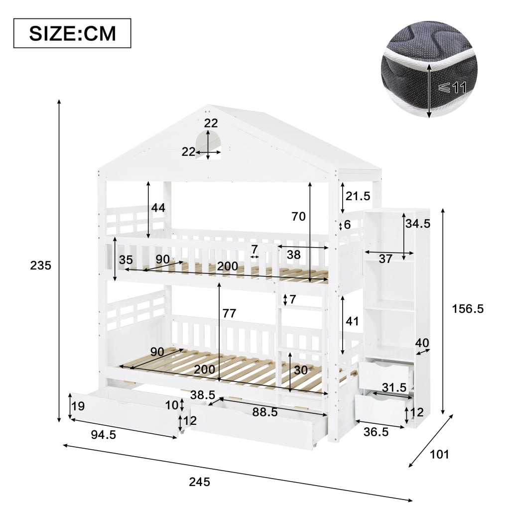 Letto a castello a casetta 90x200 cm bianco con scala; cassetti e scaffale